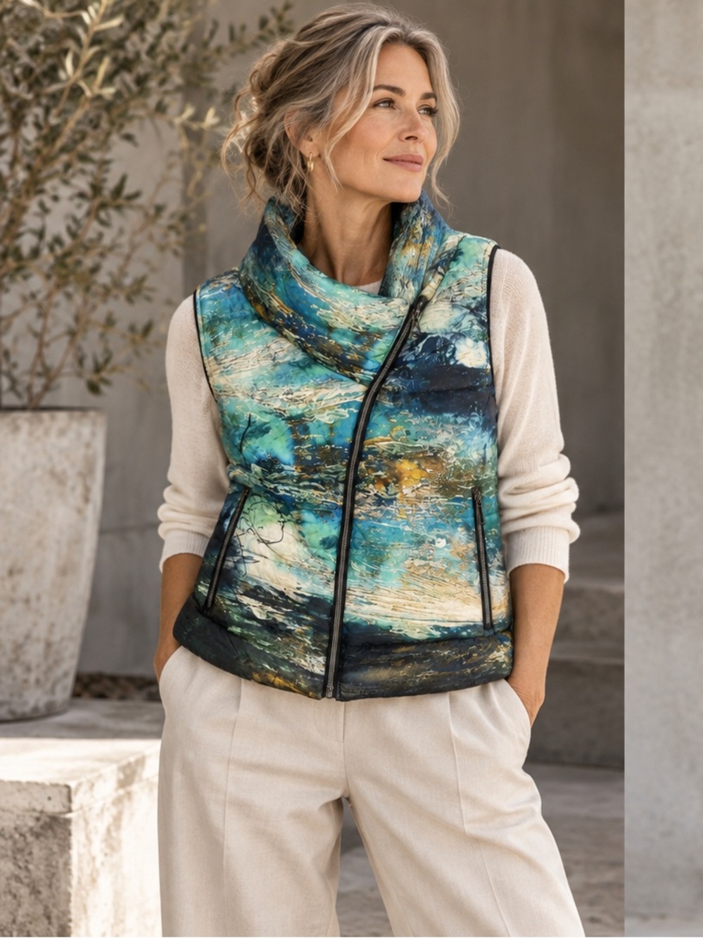 Dolcezza Art Print Puffer Vest Medium Blue Teal Abstract Wearable Art Jacket